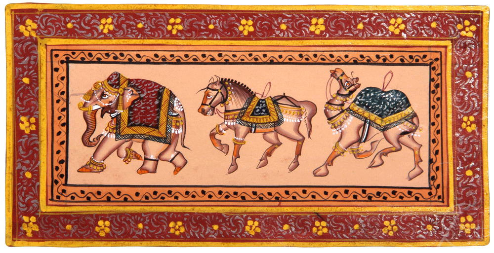 Indian Miniature Painting-Rajasthani Elephant,Horse,Camel Trio