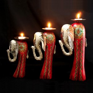 Wooden Metal Elephant Candle Holder Hand Painted Tea Light Set of 3